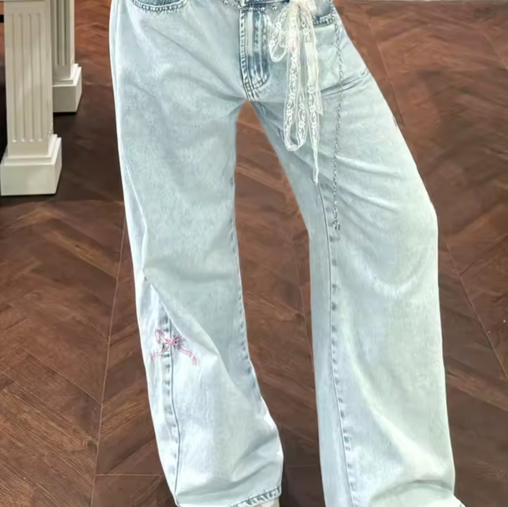 Women Straight-Leg Denim Pants With Side Bow TrimSimple Street Style Casual Fas - Picture 7 of 7
